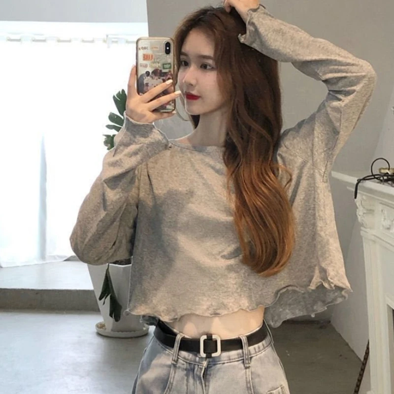 INS style trendy casual women's solid color T-shirt autumn and winter spicy girl high waist long sleeved exposed navel loose wom