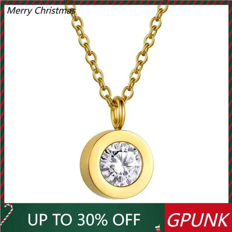 Stainless Steel Birthstone Necklace for Women Men Cubic Zirconia Sparkly Round  Necklace Accessaries Birthday Party Gifts