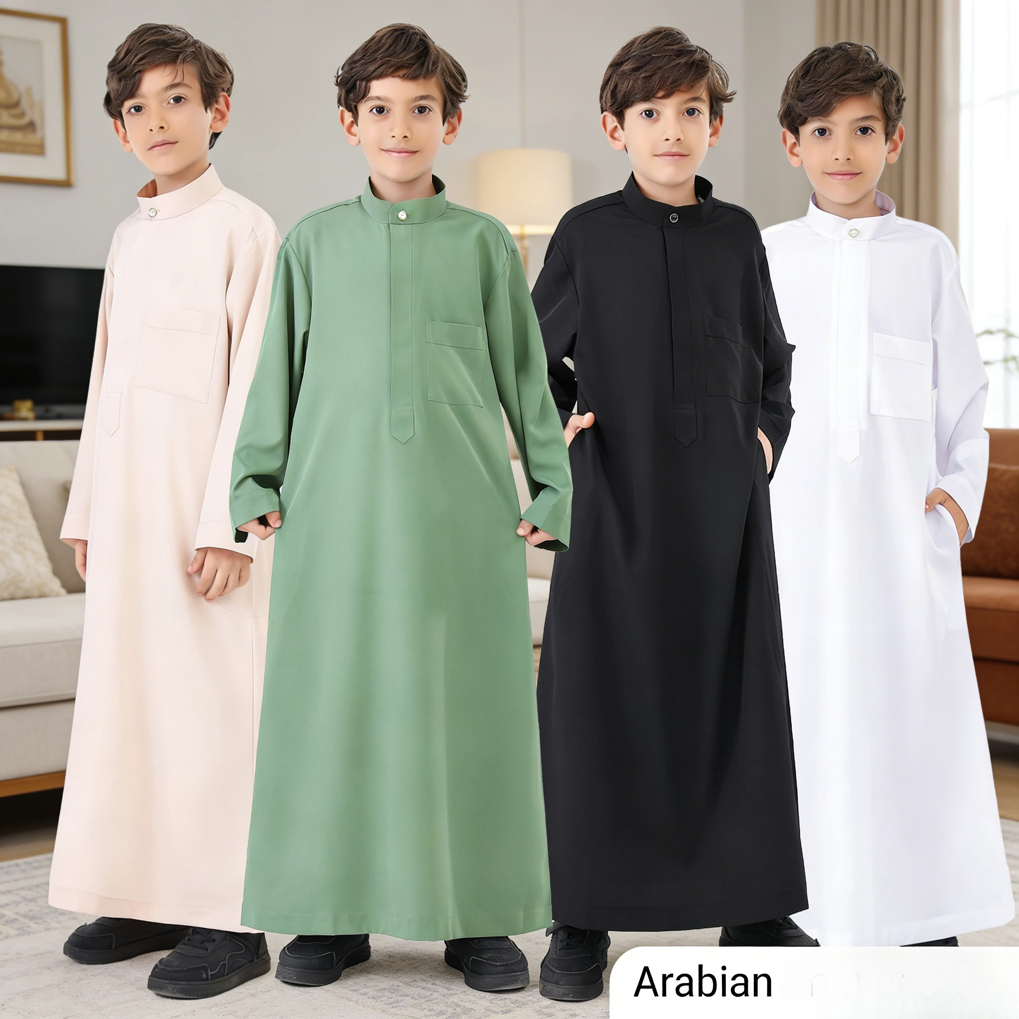 

Детская арабская роба однотонного цвета с воротником-стойкой, этническая одежда для мальчиков из Ближнего Востока и Юго-Восточной Азии, традиционный исламский праздничный наряд