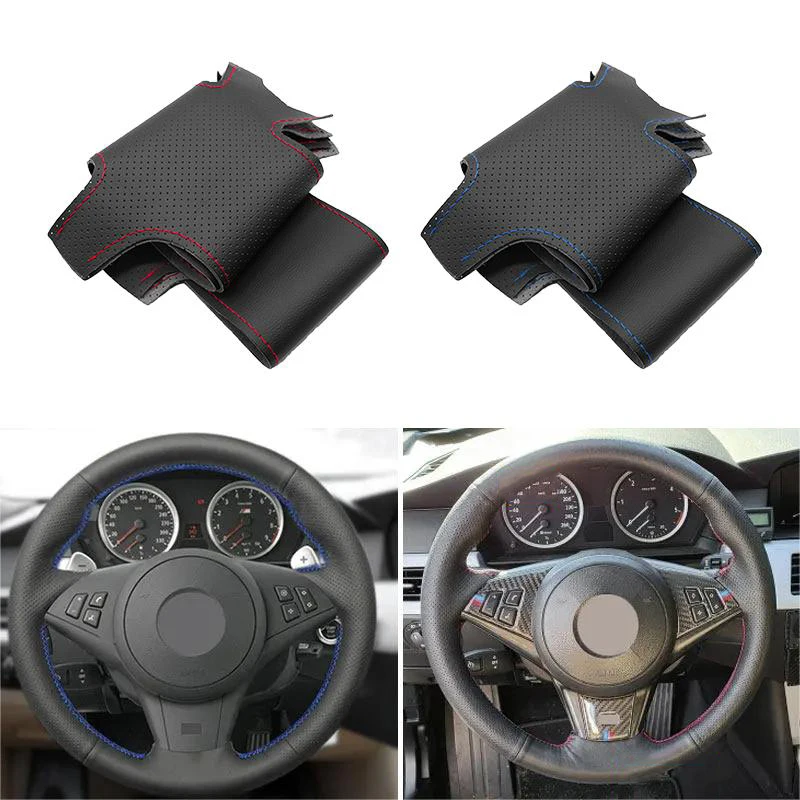 Leather Steering Wheel Cover Trim Hand Sewing For BMW E60 E61 Touring 530d 545i 550i E63 Coupe E64 630i 645Ci 650i 2003-2010