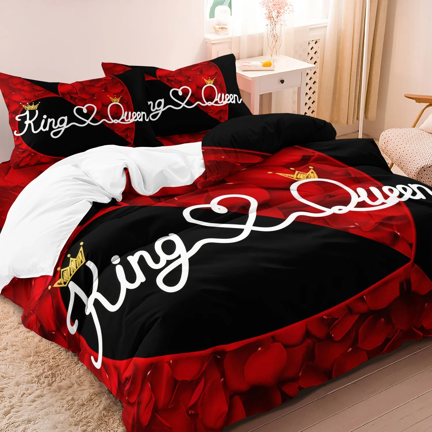 3pcs Romantic Red Rose Heart Couple  King & Queen Duvet Cover Set   Bedroom Decor Four Seasons Festival Gift For Home And Dorm U