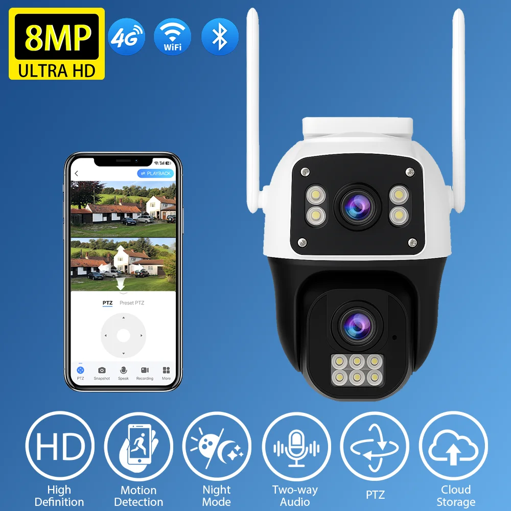 

8MP 4K IP Camera WiFi/4G Dual Lens Indoor Security Camera Wireless Outdoor Sound‑Light Alarm CCTV Surveillance Camera For Home