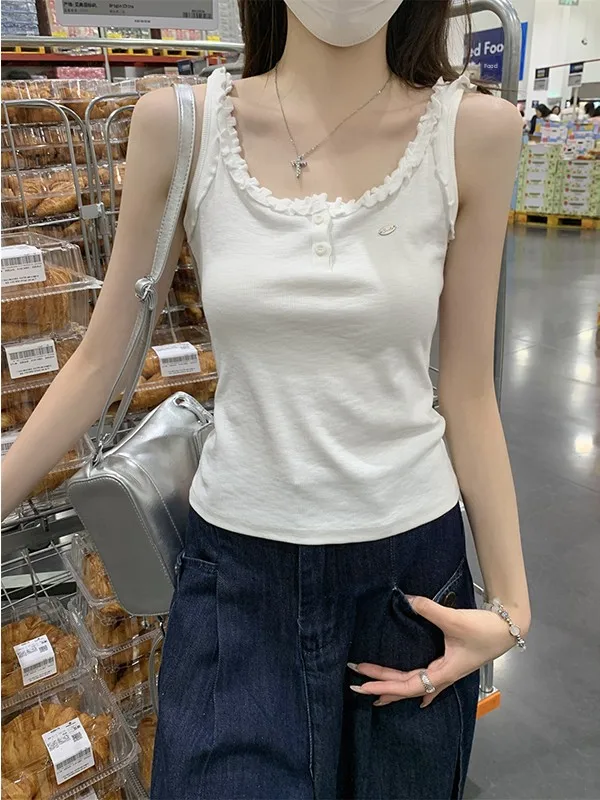 

Pure Desire Wooden Ruffle Women's Summer 2025 New Sle Spicy Girl White Workwear Slimming Top Cotton Blend ort Sve