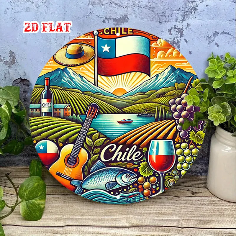 2D Flat, Chile-Themed Round Metal Wall Art - Chilean Flag, Map & National Symbols - Vintage Retro Aluminum Sign