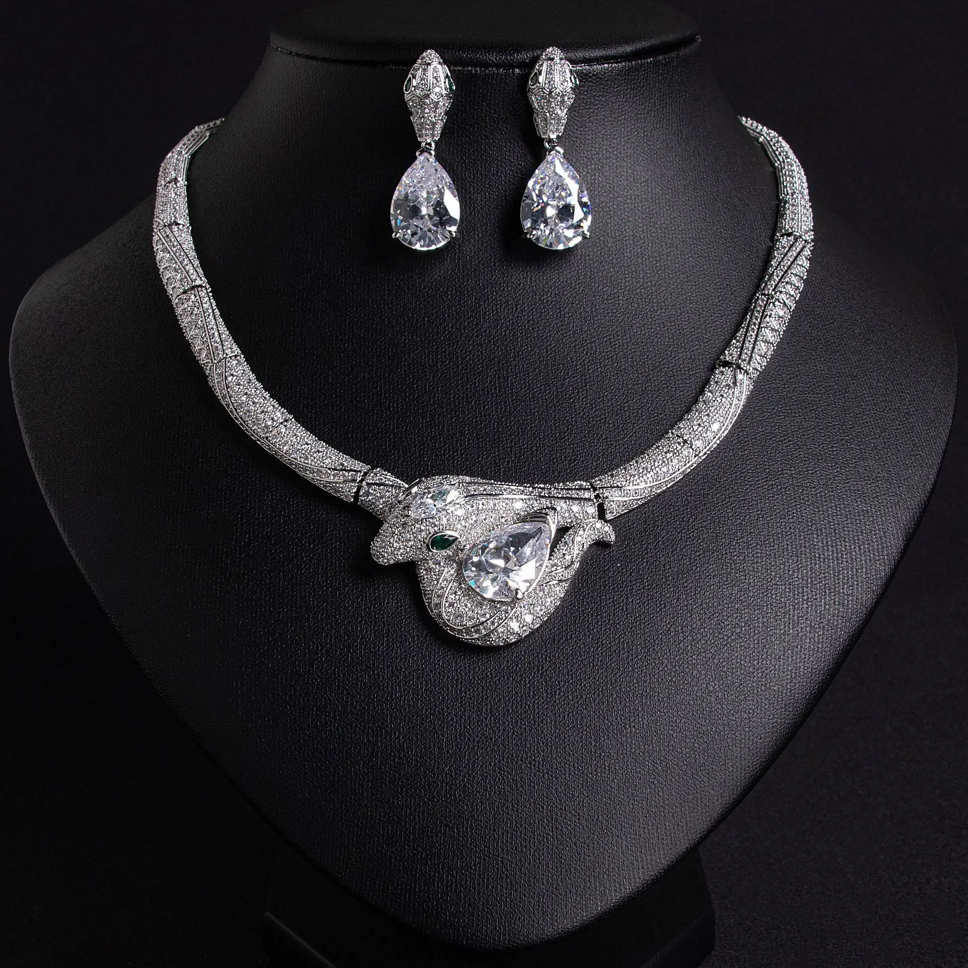Vintage Winding Serpent Jewelry Set Full Micro Paved Rhinestones Purple Cubic Zircon Bridal Necklace & Drop Earrings Luxury Ladi