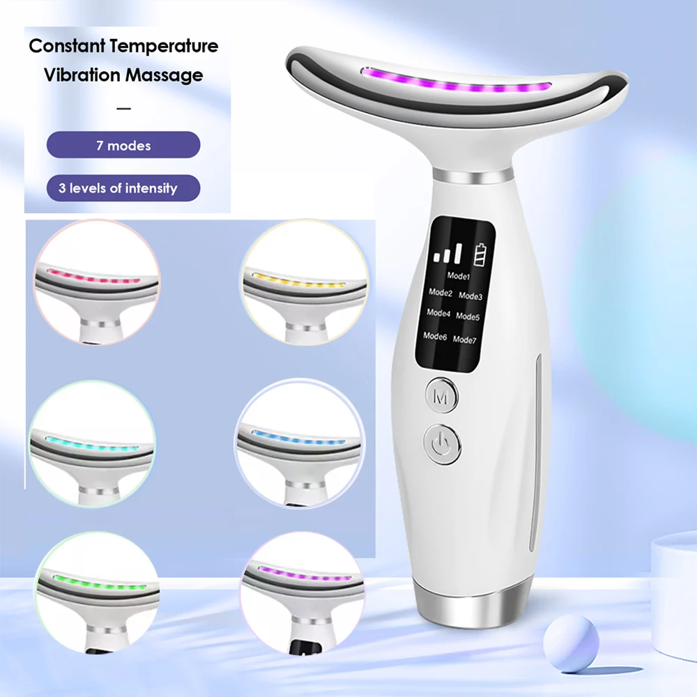 7 أوضاع جهاز تجميل الوجه والرقبة تدليك الاهتزاز للعناية بالبشرة جهاز تجميل الوجه متعدد الوظائف أداة تحسين خطوط الرقبة