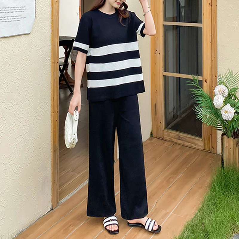 Striped O-neck Short Sleeve Split Top Loose Knit Suit Two-piece Sets Wide Leg Long Pants Summer Women Clothing Casual Vintage Ne