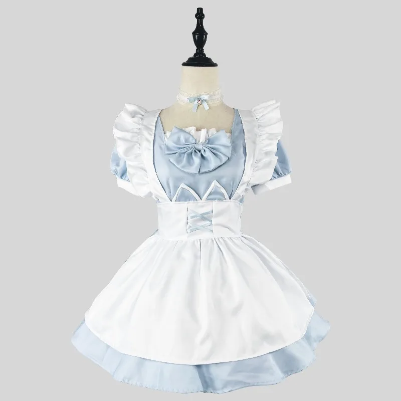 Cute Pink White Lolita Maid Outfit with Cat Ear Headband Short Sleeve Ruffle Apron Dress Anime Cosplay Costume view 6