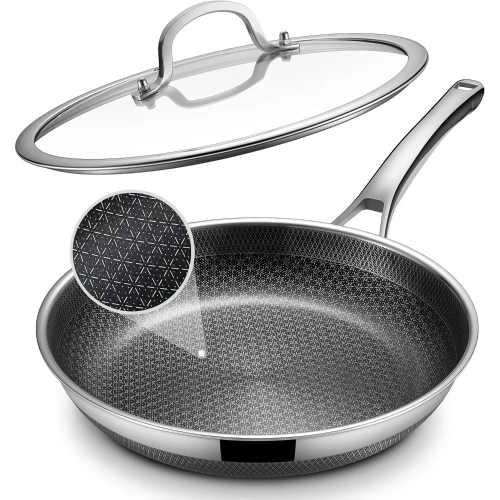 

Non Stick Frying Pan 12 Inch with Lid Hybrid Skillet Induction Compatible Oven Safe Dishwasher Safe PFOA Free Cookware