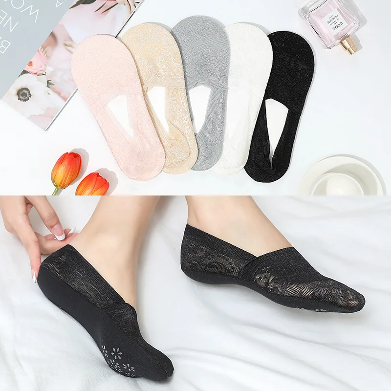 5 Pairs Women No Show Lace Boat Socks Non slip Ankle Socks Low Cut Liner Invisible Socks for Sneaker Loafers Messgae for Colors