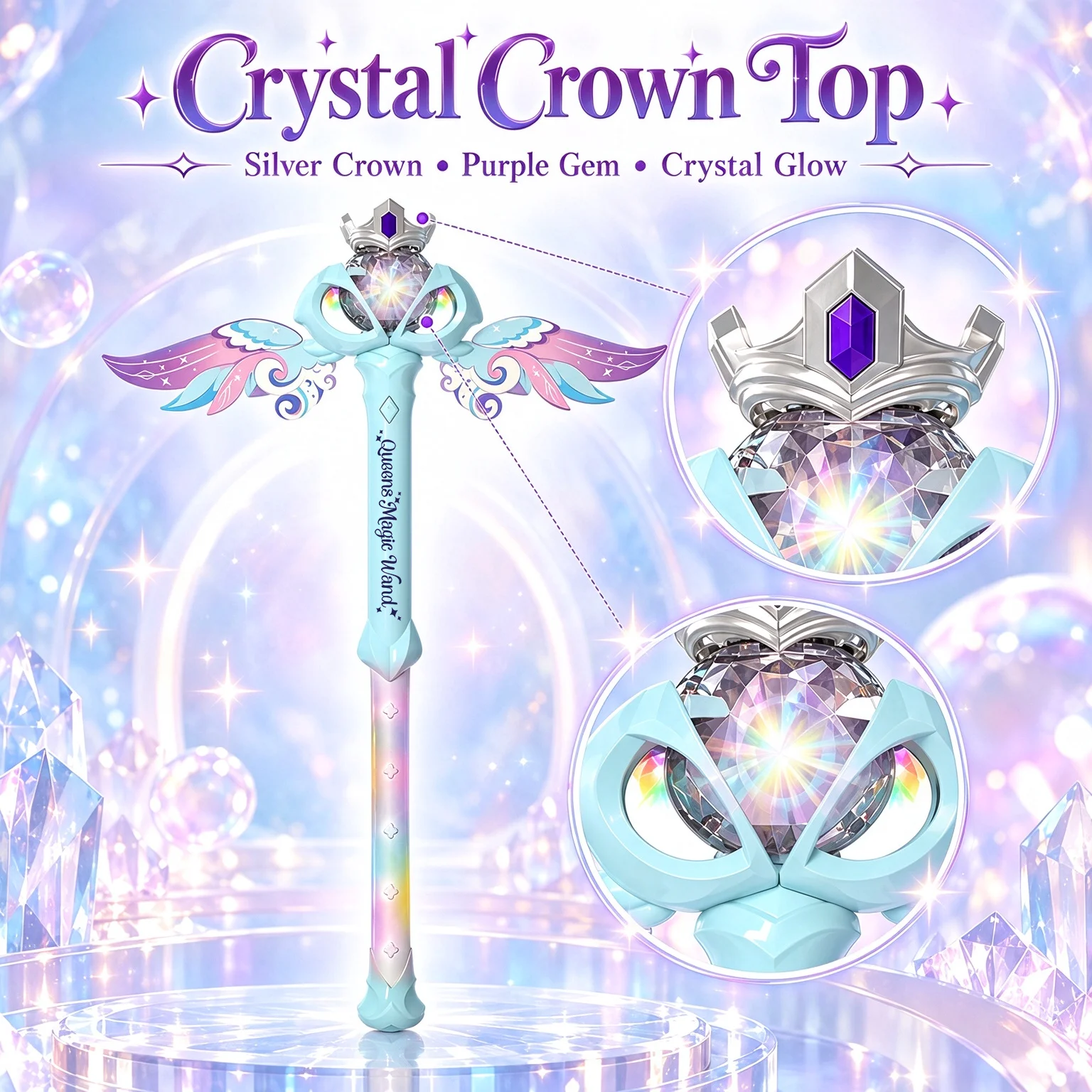 Magic Fairy Bubble Staff, 2-in-1 Long Wand with Rainbow Glow and Opening Wings, Batteries and Bubble Solution Not Included