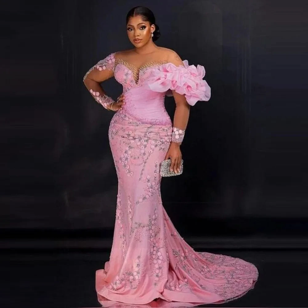 Vestidos de fiesta de encaje elegantes, apliques de volantes, ilusión, vestido de noche de manga larga para mujeres africanas, vestidos de fiesta de sirena