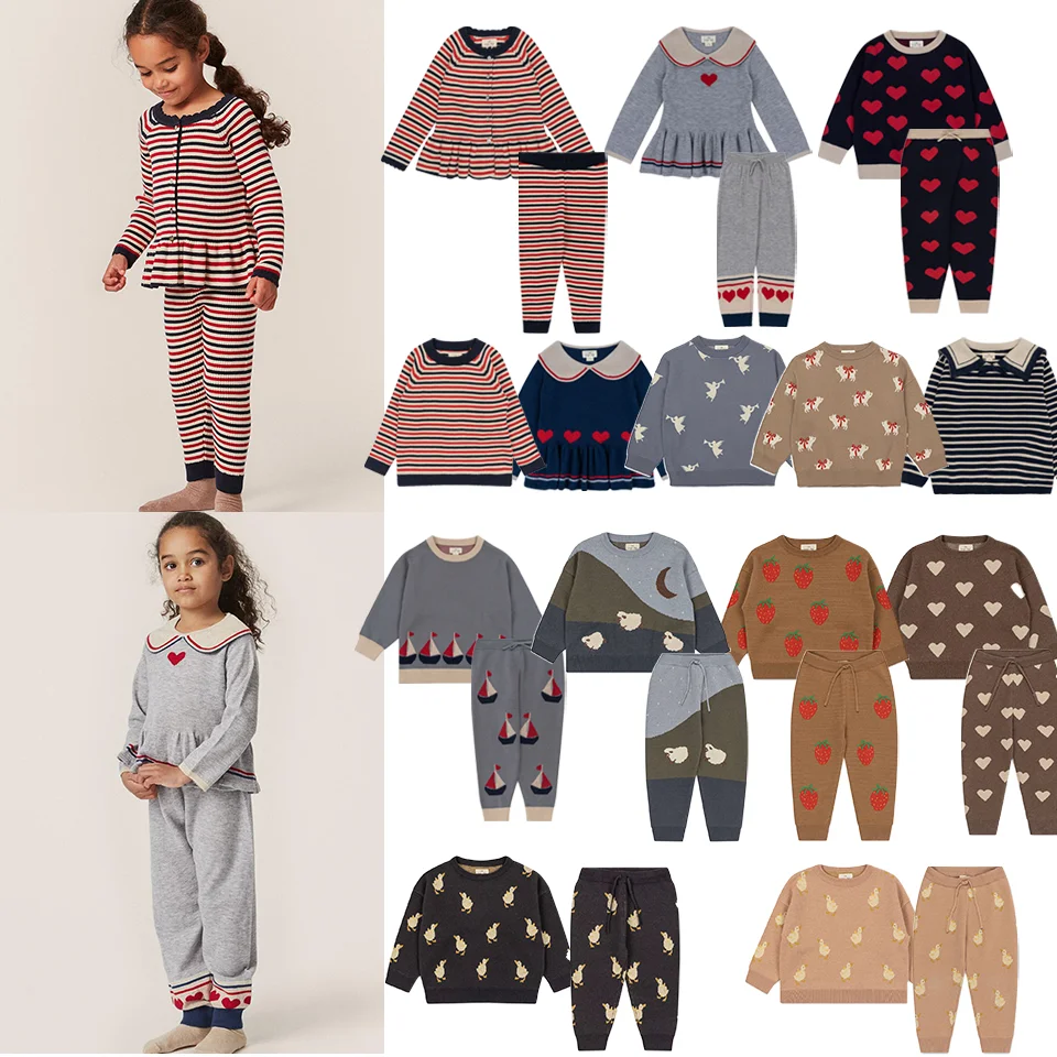 KS Toddler Girl Boys Sweater Pant Suit Kids Knit Sweater Navy Collar Sailboat Long Sleeve Kids Pullover Children Clothes Set