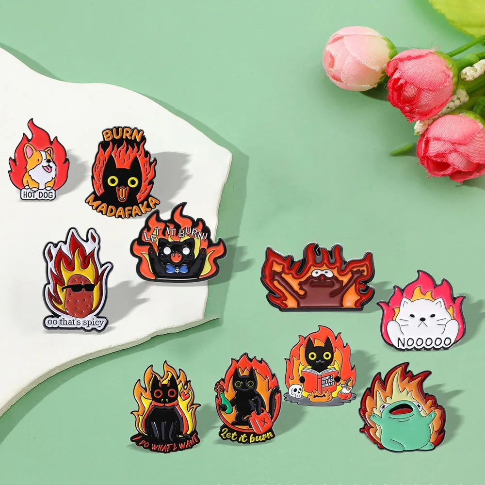 

Hot selling flame black cat cartoon style trendy and cool brooch clothing