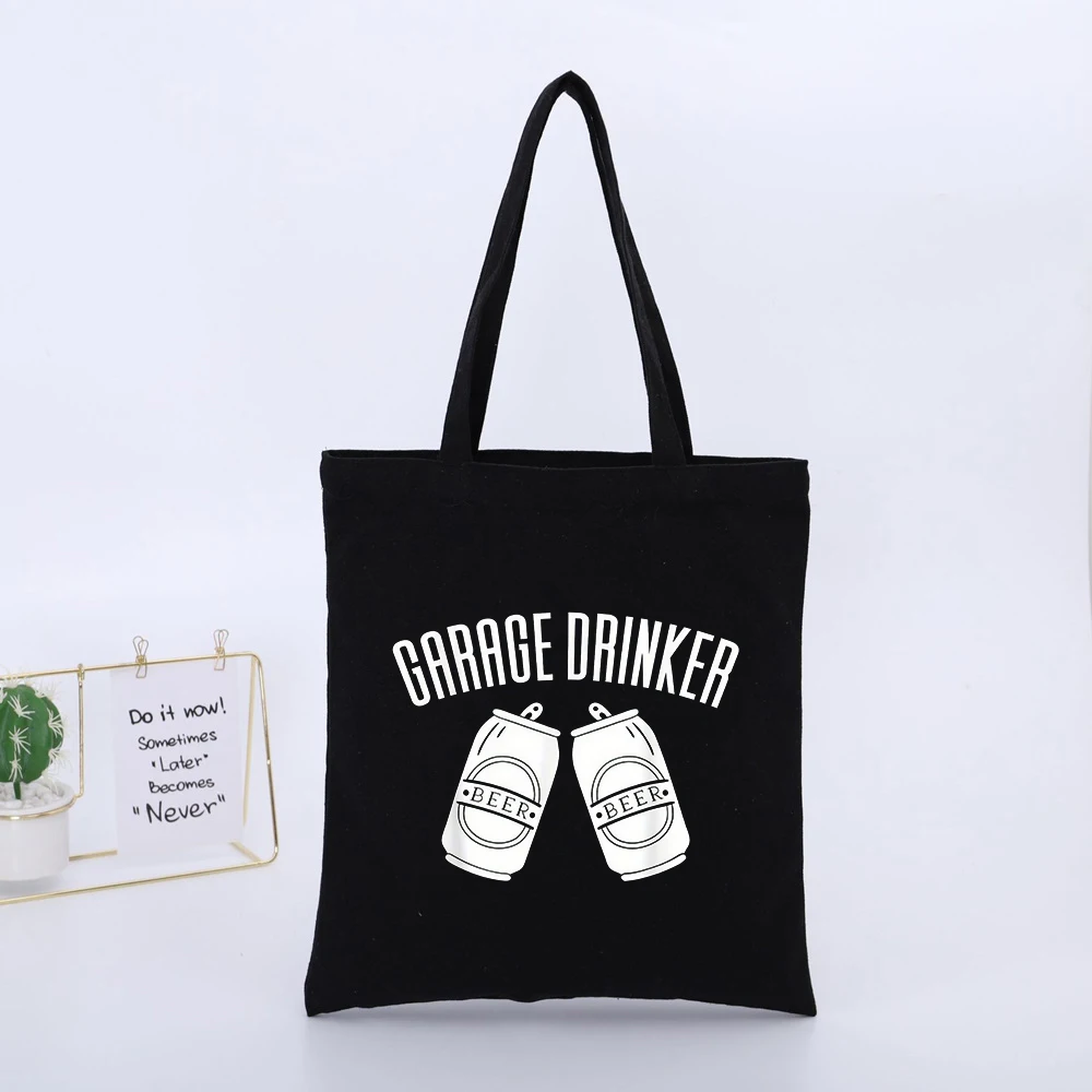 GARAGE DRINKER Slogan and Beer Can Graphic Canvas Tote Bag, Casual Style for Daily Shopping and Weekend Outings