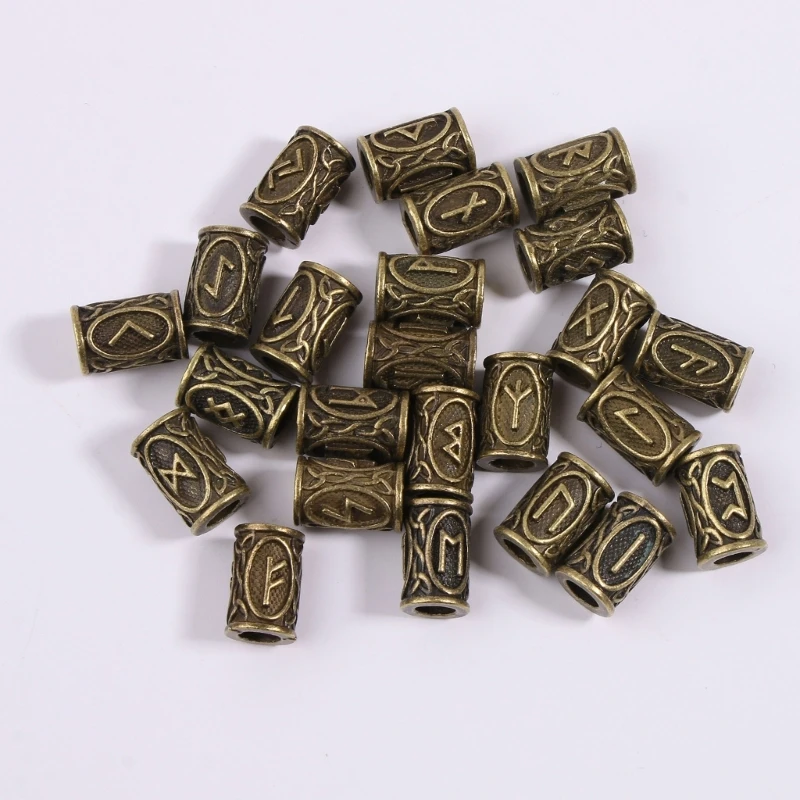24x Runes Beads For Jewelry Making Hair Beard Crafts Jewlery DIY Metal Spacer Big Hole Bead Accessories