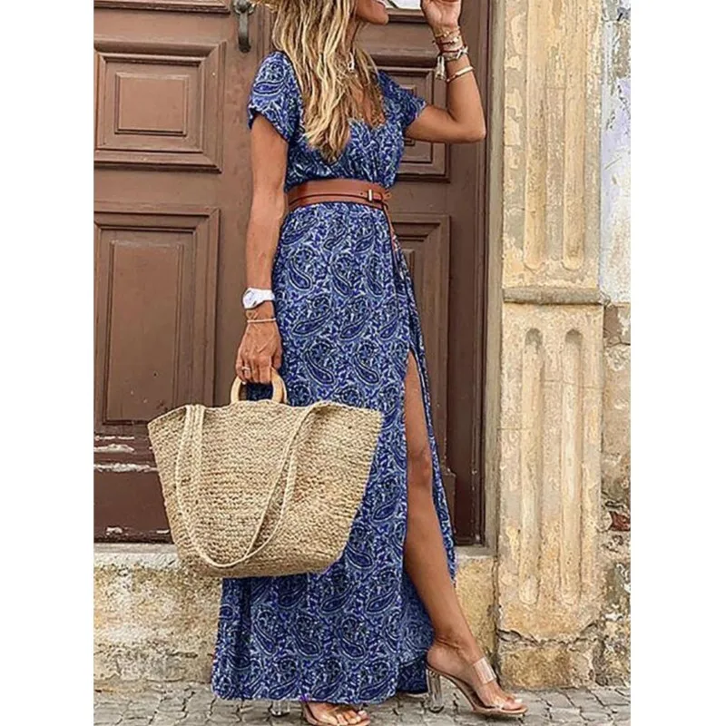 

Boho Retro Summer Long Dress for Women Evening 2024 Vestidos Mujer Dresses Elegant Robe Femme Casual Maxi Short Sleeve Clothing