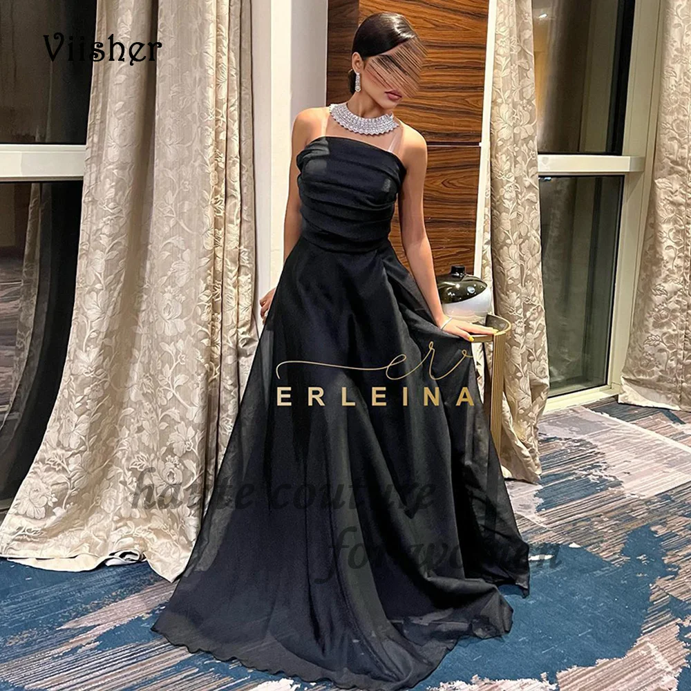 Vestidos de Noche de Organza negros para mujer, una línea sin tirantes, árabe, Dubai, fiesta de graduación, tirantes finos, vestidos formales sin espalda