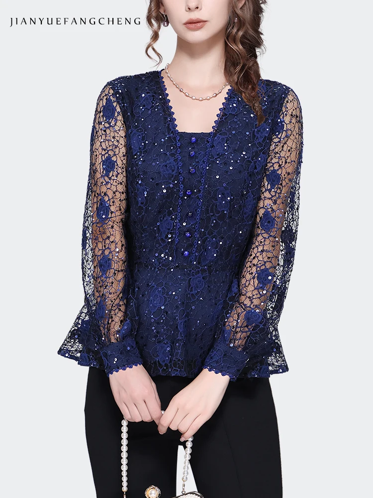 100% Nylon Womens Long Sleeve Square Neck Hollow Out Sequined Blue Lace Blouse 2024 Spring Summer Ladies Fashion Shirts Tops