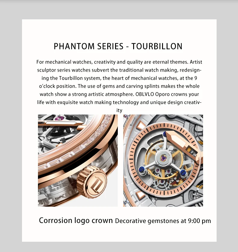 OBLVLO Orologio automatico da uomo 45mm Real Tourbillon Orologio da polso meccanico Luminoso impermeabile Zaffiro Scheletro Chiusura a farfalla