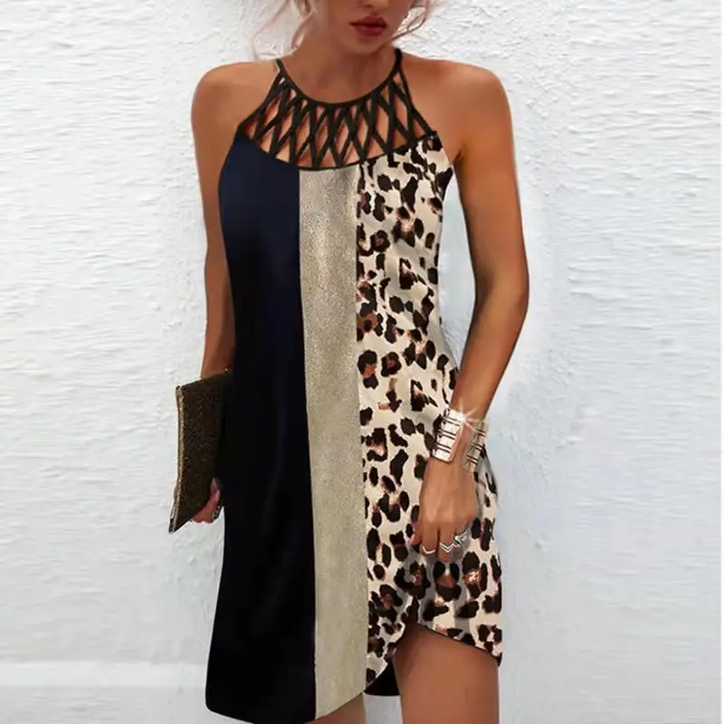 

Classic Fashion Retro Ethnic Leopard Print Floral Print Women's Plus Size Sexy Netted Sleeveless Dress for Spring and Summer
