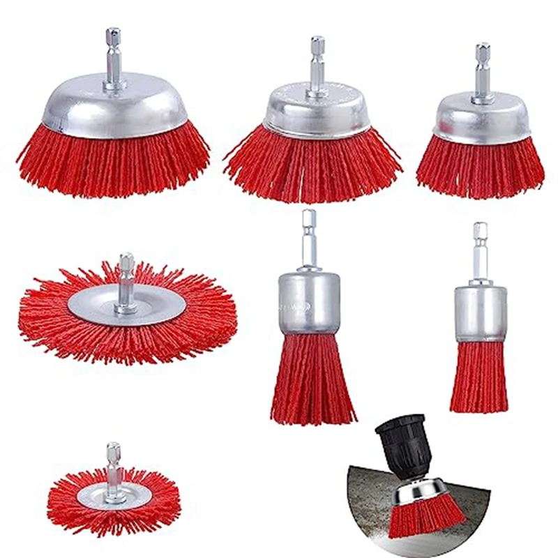 

7 Pack Nylon Filament Abrasive Wire Brush Wheel & Cup Brush Set Nylon Brush With 1/4 Inch Hex Shank, Nylon Drill Brush Set