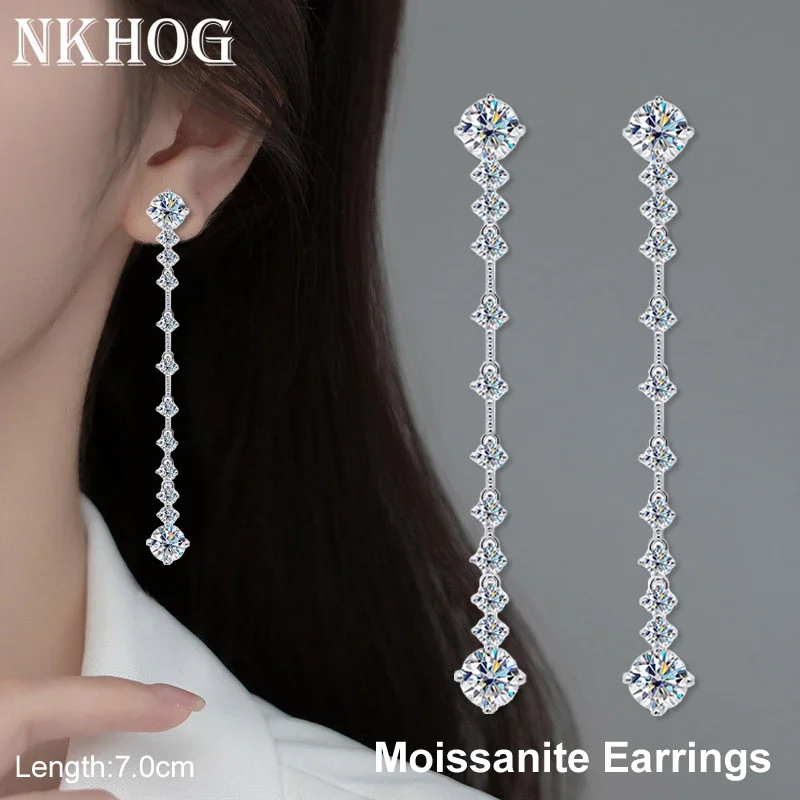 NKHOG 6ct a Pair Full Moissanite Tassel Earrings For Women S925 Silver Plated Pt950 Sparkling Diamond Pass Test Fine Jewelry