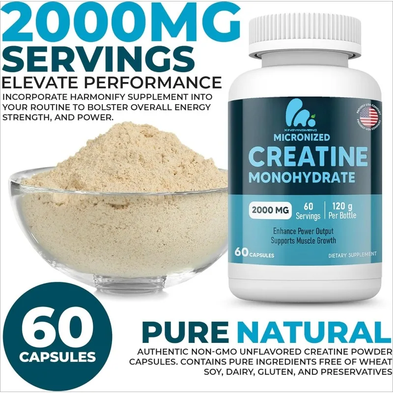 Creatina monohidratada aminoácido en polvo 2000 mg - apoya la energía muscular y celular -60 cápsulas