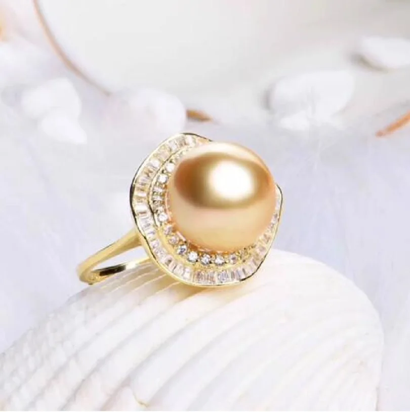 

Gorgeous AAAAA 10-11mm Authentic Natural South China Sea Gold Round Pearl Ring 925s