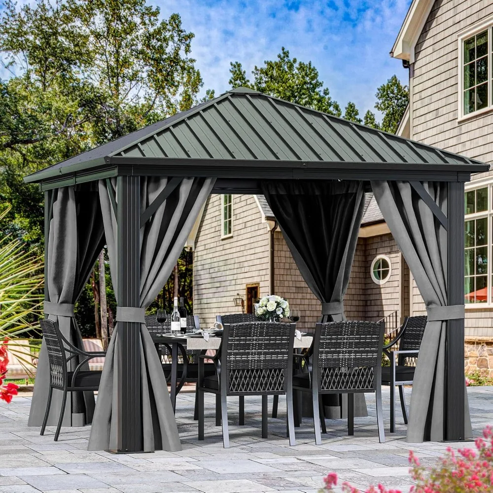 10X10FT Metal Hardtop Gazebo, Outdoor Patio Single Canopy, Garden Tent Window Netting for Backyard Deck Lawn