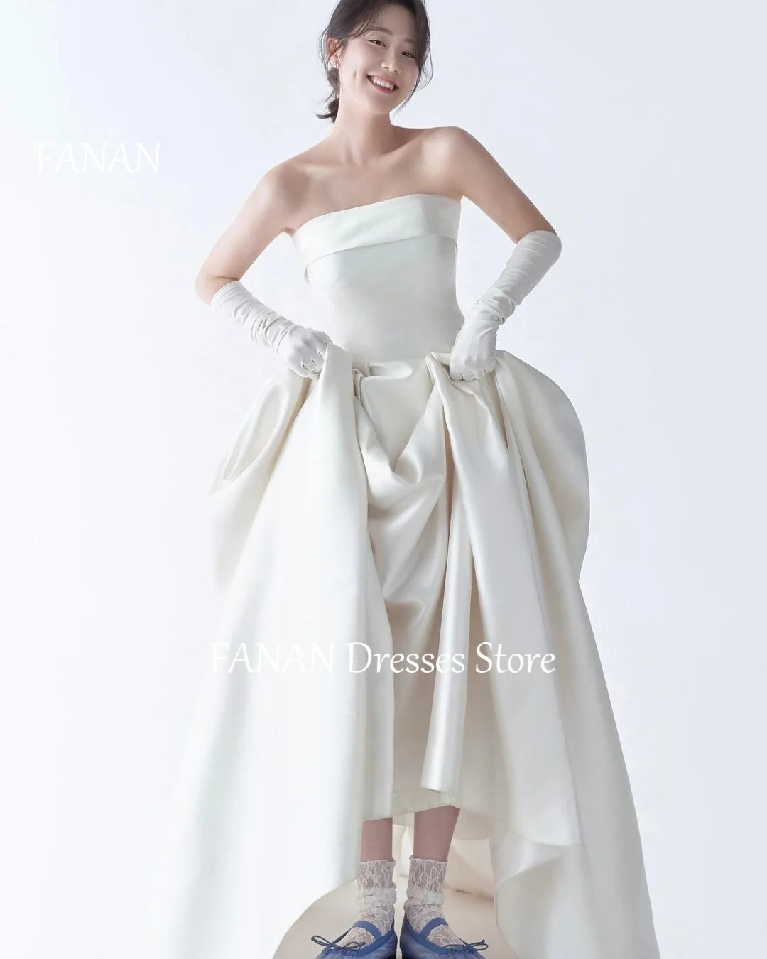 

FANAN Korea Ivory Strapless Simple Wedding Dresses 웨딩드레스 Sleeveless Satin A-Line Appliques Custom Made Bride Gowns Plus Size