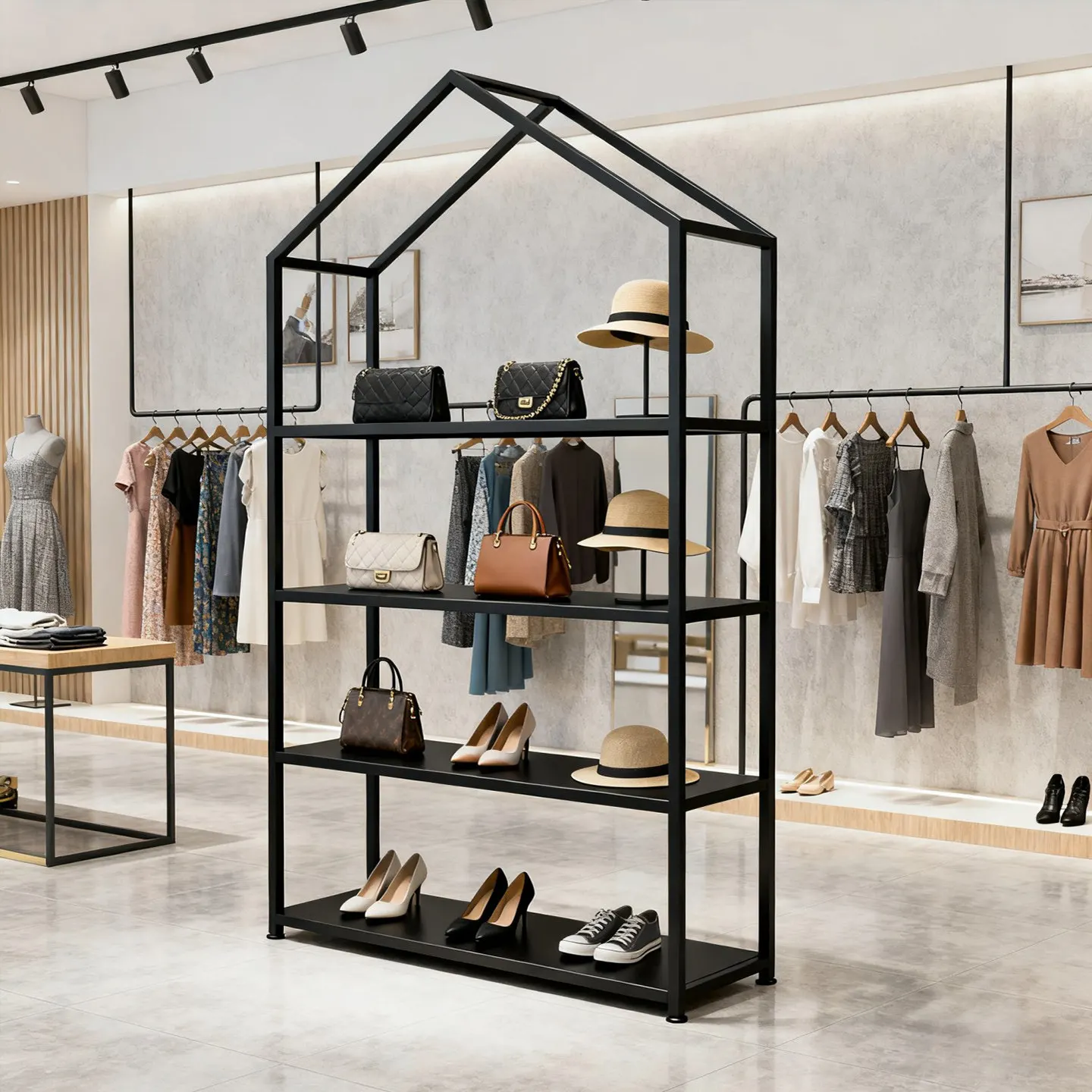 

Стеллаж для демонстрации одежды из кованого железа, стол для демонстрации обуви и сумок, стеллаж для демонстрации женской одежды в стиле лёгкой роскоши.