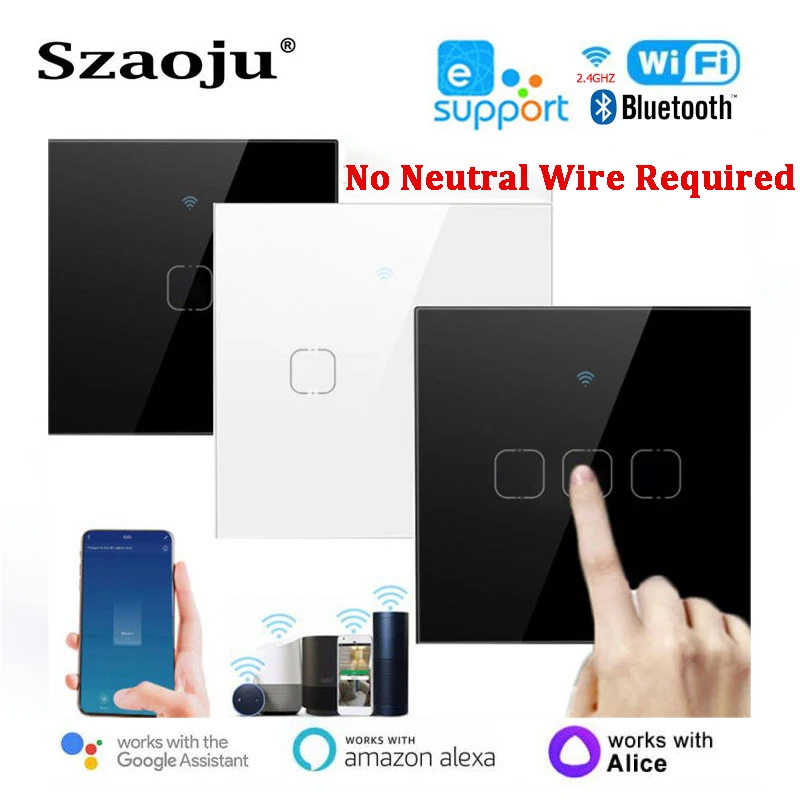 Szaoju EWelink Wifi Switch Bluetooth RF Alexa Google Voice Control Neutral Wire/No Neutral Wire Install Smart Touch Light Switch