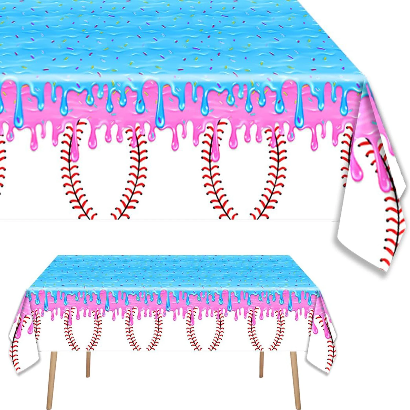 Baseball Ice Cream Drip Tablecloth  Pink Blue Ice Cream Drip Plastic Tablecover for Summer Baseball Themed Party Decorations