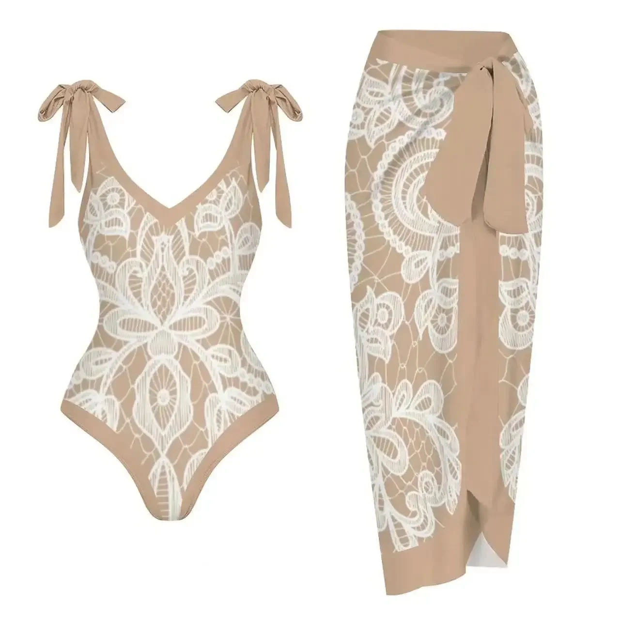 New V-neck one-piece swimsuit women's wrap skirt set, fashionable and sexy slim fit strap