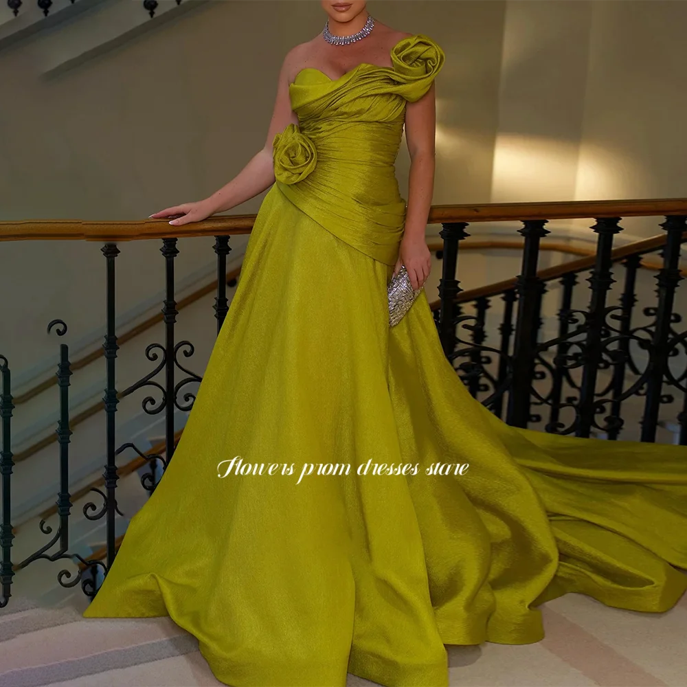 

Flowers A Line Prom Dress with Flowers Satin Party Dress with Pleats Evening Dress for Women فساتين مناسبة رسمية Customized