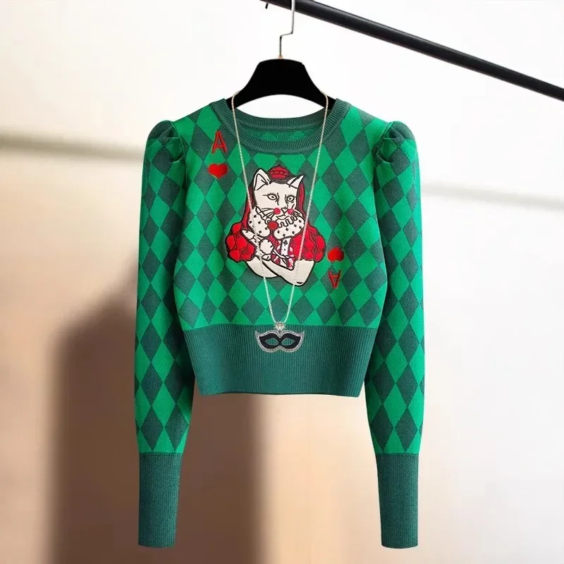 Fall Winter Retro Women O Neck Puff Long Sleeve Cartoon Print Sweaters Female Slim Green Plaid Knitted Pullover Top Sueter Mujer