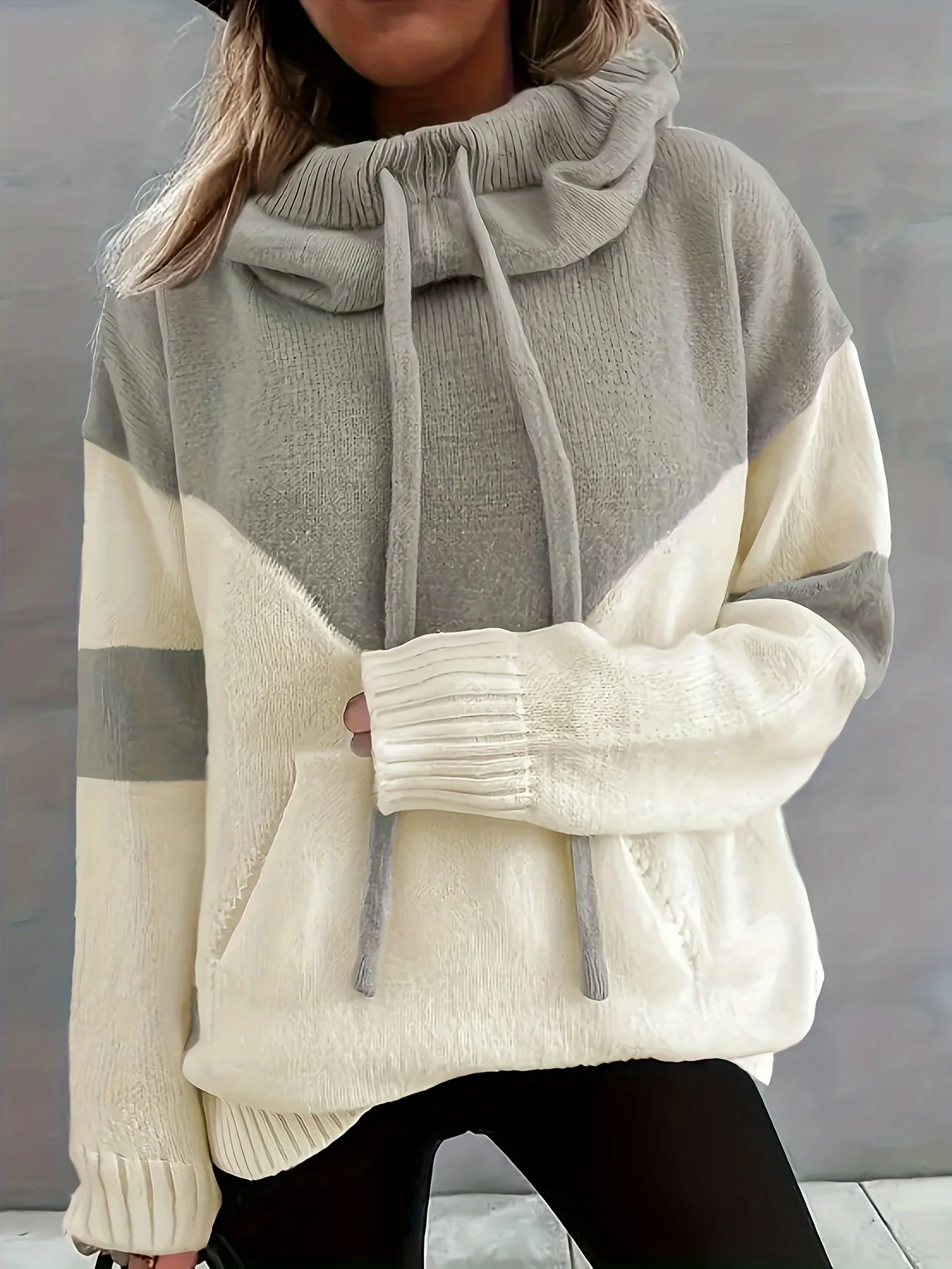 

European and American style elegant and fashionable autumn and winter color-blocked hooded knit sweater for women