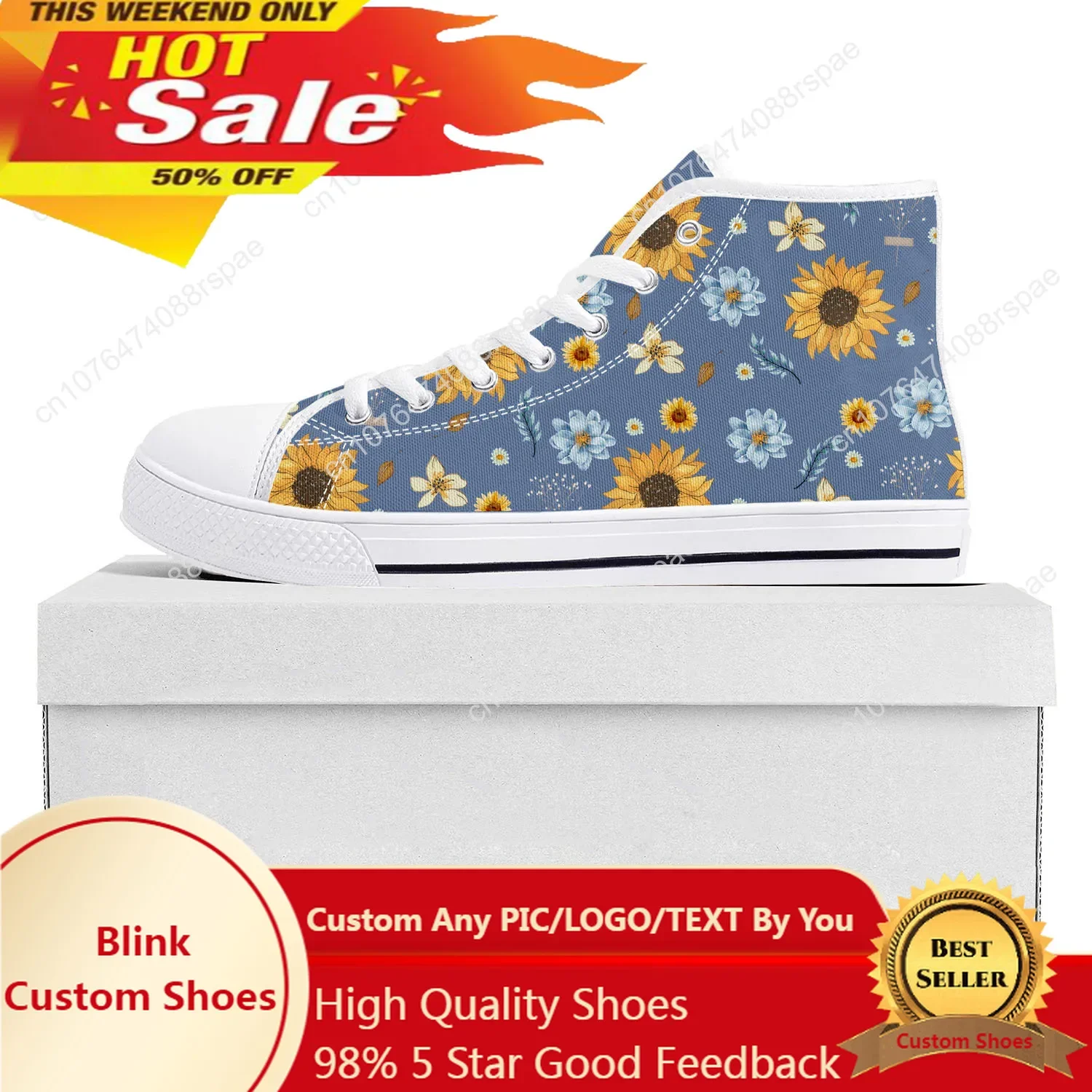 

Sunflower Yellow Flower High Top High Quality Sneakers Mens Womens Teenager Canvas Sneaker Casual Couple Shoes Custom Shoe White