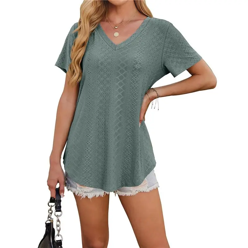 CYL-T-shirt da donna con scollo a V, maniche corte, top casual, vestibilità ampia, magliette basic con orlo curvo