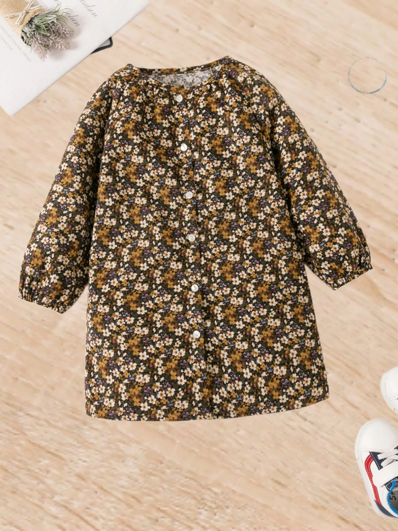 Children's dress girls autumn dress full of floral nine-point sleeve single-row button cardigan style unique niche casual dress