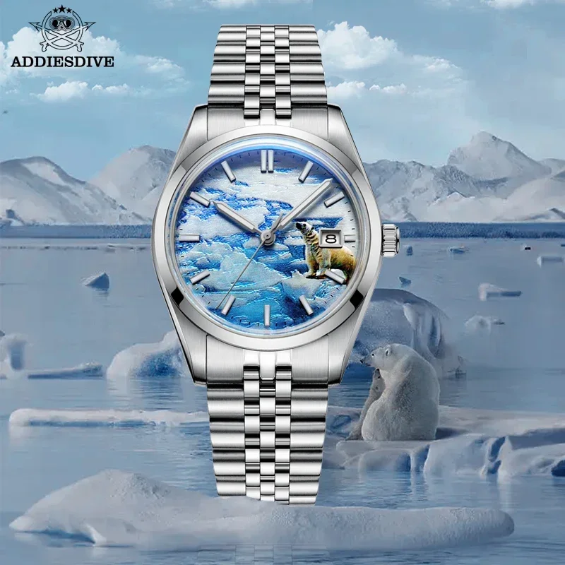 Addiesdive Mode 3d Gletscher Zifferblatt nh35 Automatik uhr Männer 39mm mechanische Armbanduhr Blasens piegel 100m Taucher uhren reloj