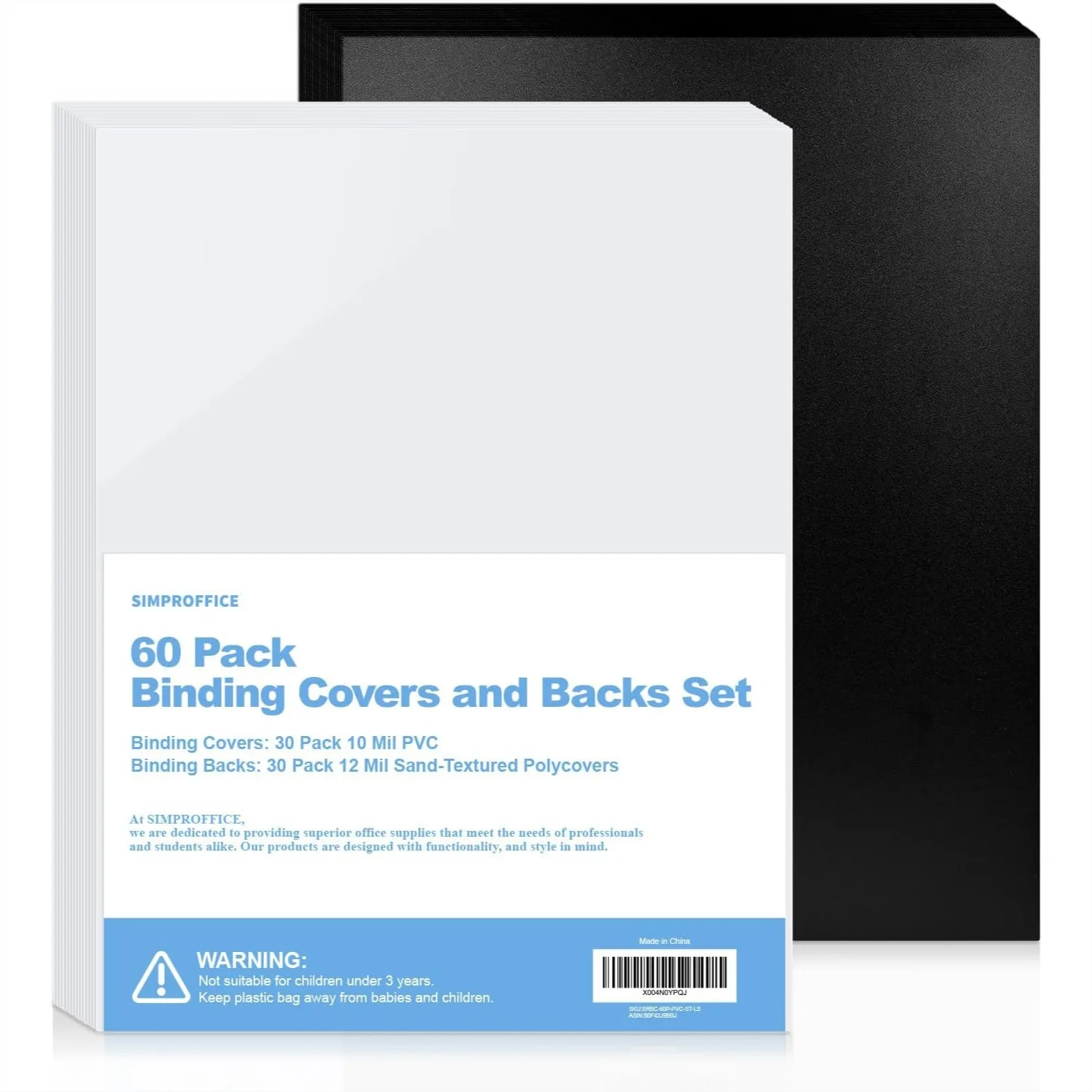 

60 Pack Binding Covers and Backs Set, 8.5x11 Inches, Clear PVC Front Covers & Black Sand-Textured Backs for Presentations and