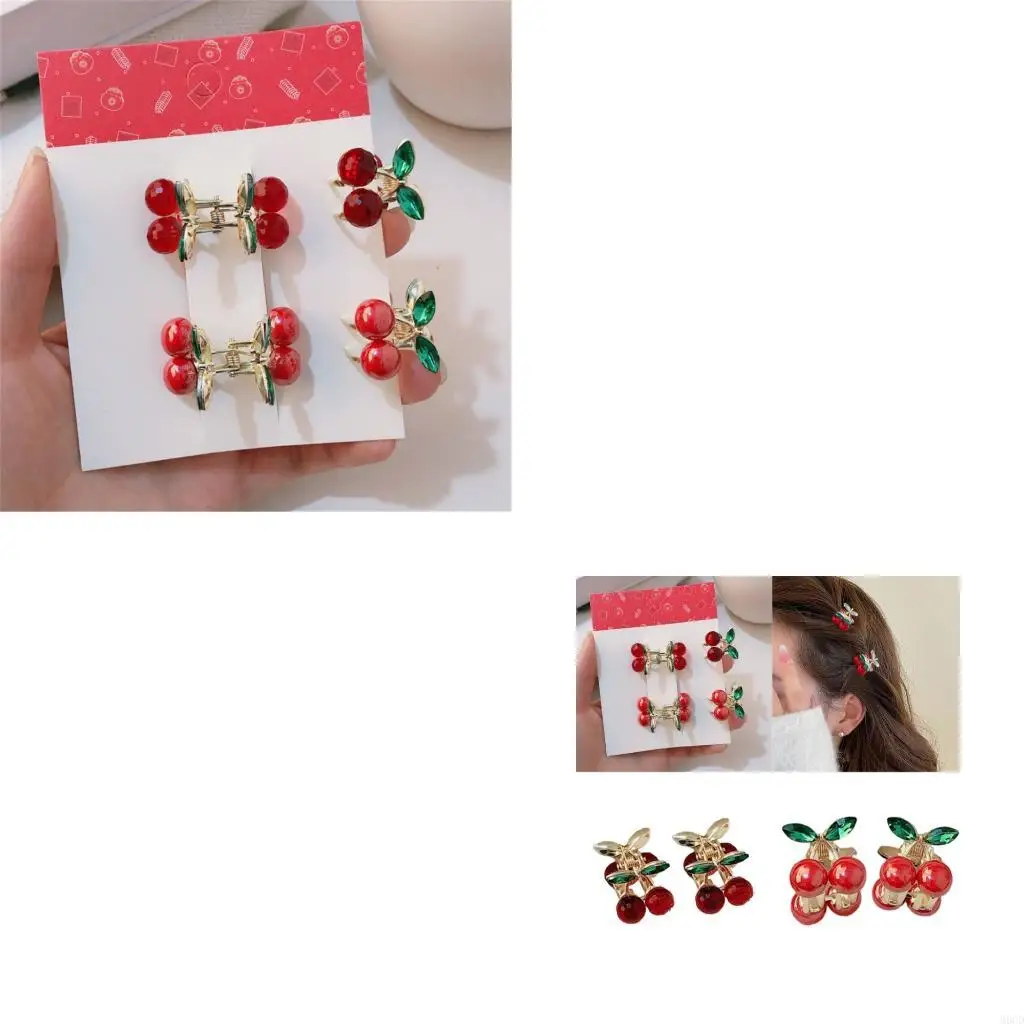 

M6CD Sweet Rhinestones Cherry Hair Claw Clip 2pcs Metal Claw Clip Strong Hold Hair Barrette for Little Girl and Adult