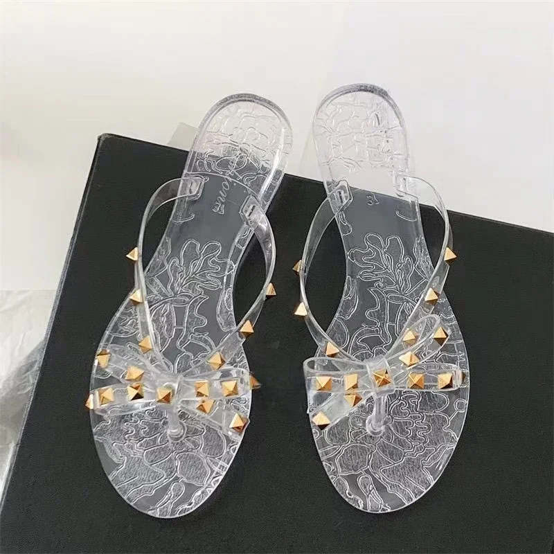 2025 Summer Women Slippers Bow Flip Flops Rivet Flats Sandals Outdoor Transparent Crystal Beach Shoes Female Open Toe Shoes image 3
