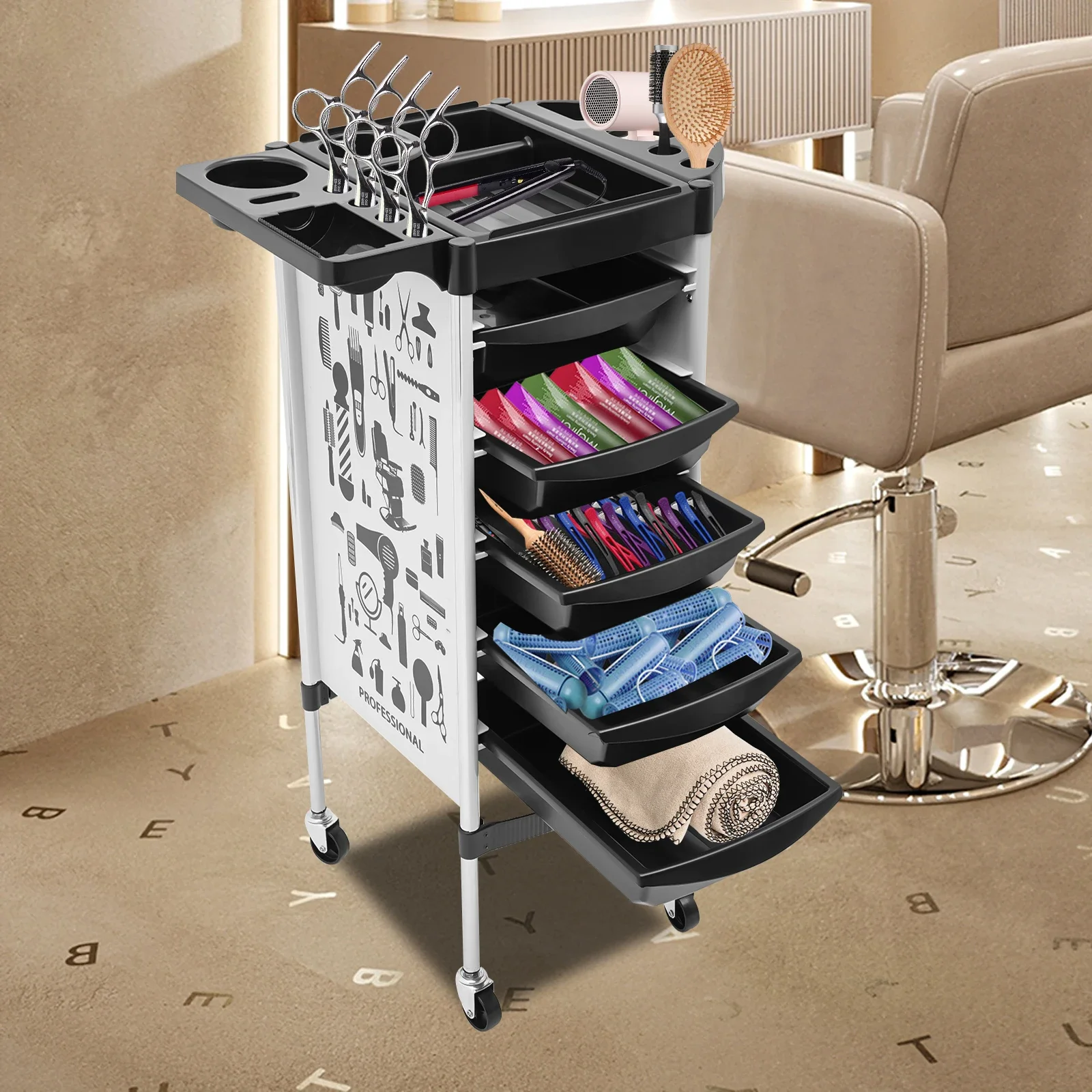 6-poziomowy wózek salonowy z uchwytem na suszarkę, uniwersalny wózek kosmetyczny z 5 szufladami do przechowywania, meble salonowe oszczędzające