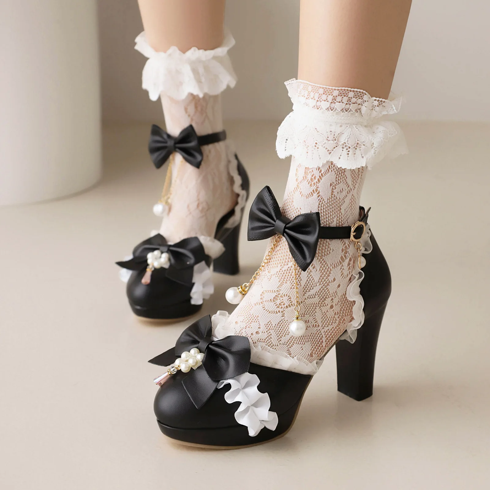 Girls High Heels Kids Princess Sandal Ladies Platform  Bow Lace Mary Jane Lolita Shoes Women Party High Heels  Women Pumps 30-43