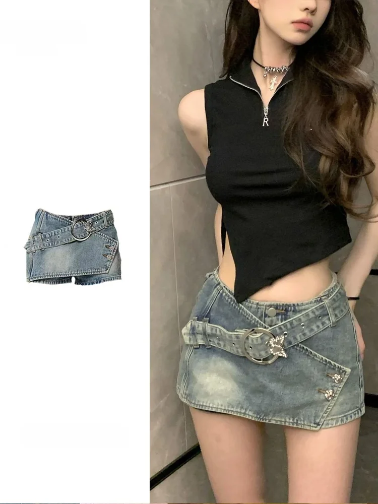 Low Waist Irregular Denim Shorts Women's Summer New Design Sensual -Skirted Shorts Butt-Fitting Casual High Waist Washed