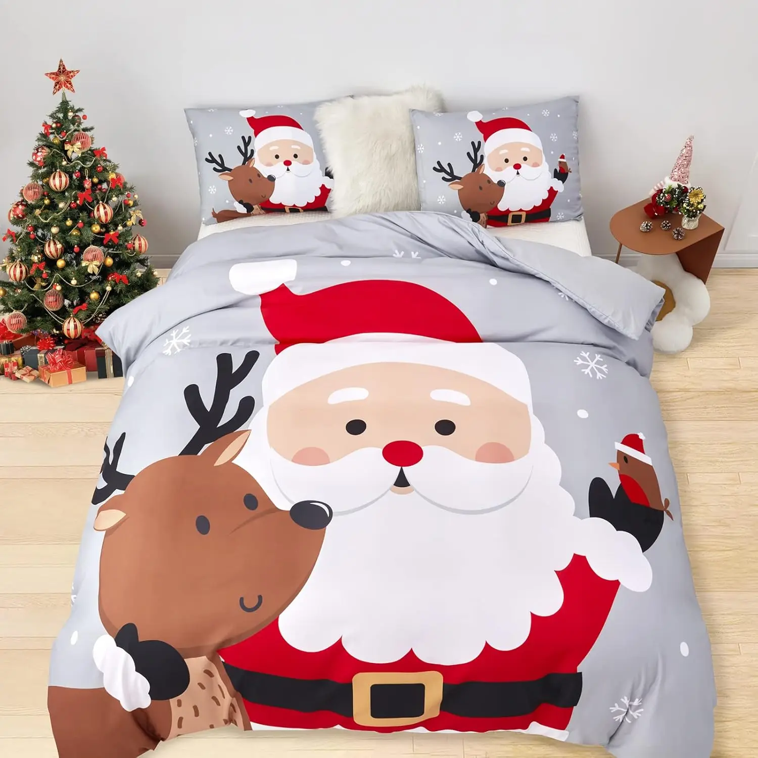 

Christmas Duvet Cover Set Queen Size Bedding Comforter Cover Santa Snowflake Santa Claus Pattern for Kids Bedroom Decorations