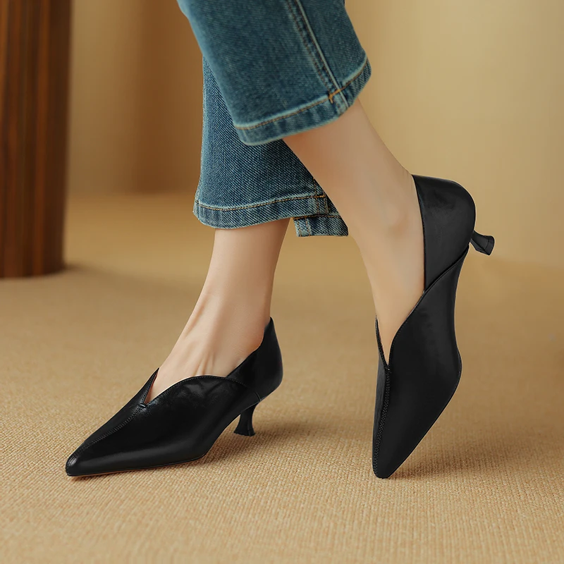 2024 Spring New Split Leather Women Shoes LEISURE Women Slip-On Pumps High Heels Pointed Toe Heels Shoes Office Ladies Shoes